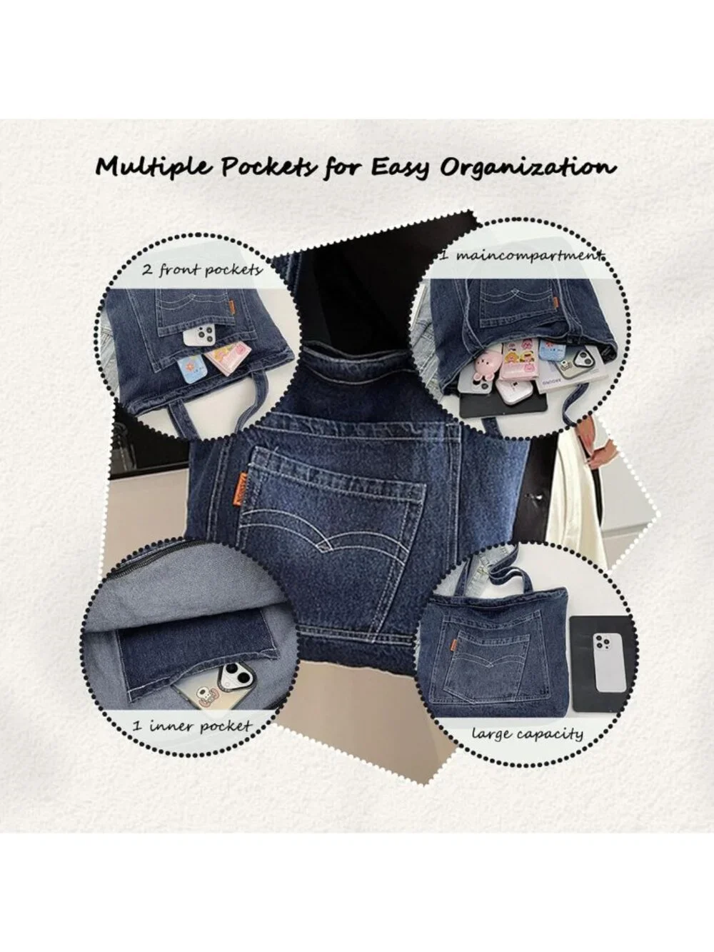 Large Retro Denim Tote Bag for Work, Travel, College - Stylish Canvas Shoulder